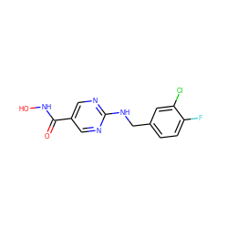 O=C(NO)c1cnc(NCc2ccc(F)c(Cl)c2)nc1 ZINC000166914108