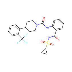 O=C(NS(=O)(=O)C1CC1)c1ccccc1NC(=O)N1CCC(c2ccccc2C(F)(F)F)CC1 ZINC000299821240