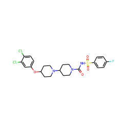 O=C(NS(=O)(=O)c1ccc(F)cc1)N1CCC(N2CCC(Oc3ccc(Cl)c(Cl)c3)CC2)CC1 ZINC000095557347