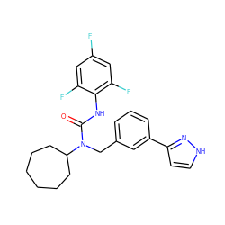 O=C(Nc1c(F)cc(F)cc1F)N(Cc1cccc(-c2cc[nH]n2)c1)C1CCCCCC1 ZINC000013779994