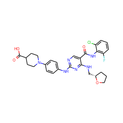 O=C(Nc1c(F)cccc1Cl)c1cnc(Nc2ccc(N3CCC(C(=O)O)CC3)cc2)nc1NC[C@@H]1CCCO1 ZINC000299852145