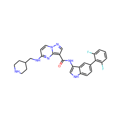 O=C(Nc1c[nH]c2ccc(-c3c(F)cccc3F)cc12)c1cnn2ccc(NCC3CCNCC3)nc12 ZINC000096270701