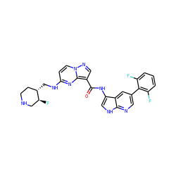 O=C(Nc1c[nH]c2ncc(-c3c(F)cccc3F)cc12)c1cnn2ccc(NC[C@H]3CCNC[C@@H]3F)nc12 ZINC000096270690