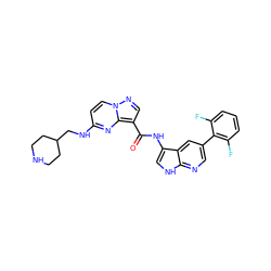 O=C(Nc1c[nH]c2ncc(-c3c(F)cccc3F)cc12)c1cnn2ccc(NCC3CCNCC3)nc12 ZINC000096270702