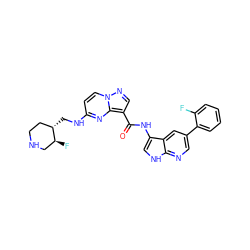 O=C(Nc1c[nH]c2ncc(-c3ccccc3F)cc12)c1cnn2ccc(NC[C@H]3CCNC[C@@H]3F)nc12 ZINC000096270691