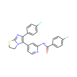 O=C(Nc1cc(-c2c(-c3ccc(F)cc3)nc3n2CCS3)ccn1)c1ccc(F)cc1 ZINC000169331110