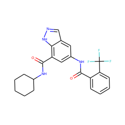 O=C(Nc1cc(C(=O)NC2CCCCC2)c2[nH]ncc2c1)c1ccccc1C(F)(F)F ZINC000207727371