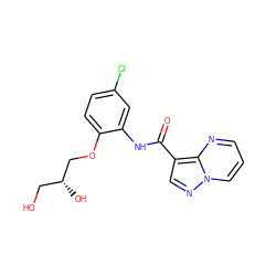 O=C(Nc1cc(Cl)ccc1OC[C@H](O)CO)c1cnn2cccnc12 ZINC000113652080