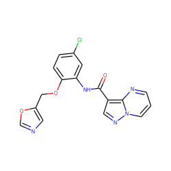 O=C(Nc1cc(Cl)ccc1OCc1cnco1)c1cnn2cccnc12 ZINC000113653133