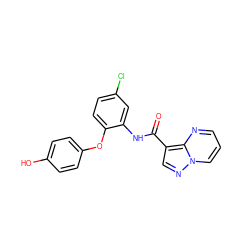 O=C(Nc1cc(Cl)ccc1Oc1ccc(O)cc1)c1cnn2cccnc12 ZINC000113654664