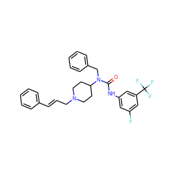 O=C(Nc1cc(F)cc(C(F)(F)F)c1)N(Cc1ccccc1)C1CCN(C/C=C/c2ccccc2)CC1 ZINC001772586367