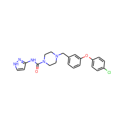 O=C(Nc1cc[nH]n1)N1CCN(Cc2cccc(Oc3ccc(Cl)cc3)c2)CC1 ZINC000095562711