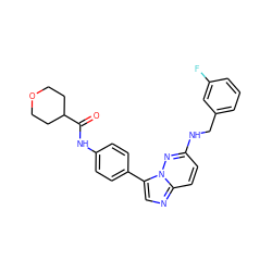 O=C(Nc1ccc(-c2cnc3ccc(NCc4cccc(F)c4)nn23)cc1)C1CCOCC1 ZINC000473128503