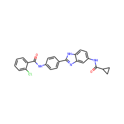 O=C(Nc1ccc(-c2nc3cc(NC(=O)C4CC4)ccc3[nH]2)cc1)c1ccccc1Cl ZINC000034892353