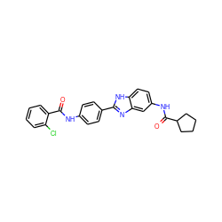 O=C(Nc1ccc(-c2nc3cc(NC(=O)C4CCCC4)ccc3[nH]2)cc1)c1ccccc1Cl ZINC000038147882