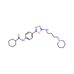 O=C(Nc1ccc(-c2nnc(NCCCCN3CCCCC3)o2)cc1)C1CCCCC1 ZINC000084614748