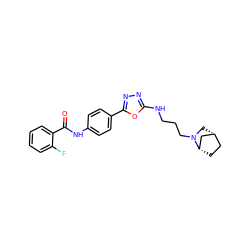 O=C(Nc1ccc(-c2nnc(NCCCN3C[C@@H]4CC[C@H]3C4)o2)cc1)c1ccccc1F ZINC000084632317