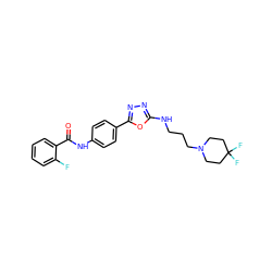 O=C(Nc1ccc(-c2nnc(NCCCN3CCC(F)(F)CC3)o2)cc1)c1ccccc1F ZINC000084632313