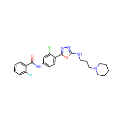 O=C(Nc1ccc(-c2nnc(NCCCN3CCCCC3)o2)c(Cl)c1)c1ccccc1F ZINC000084632467