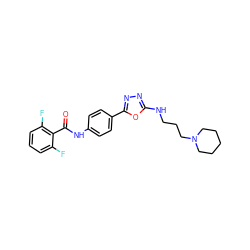 O=C(Nc1ccc(-c2nnc(NCCCN3CCCCC3)o2)cc1)c1c(F)cccc1F ZINC000084633854