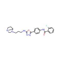 O=C(Nc1ccc(-c2nnc(NCCCN3CCN4CCC3CC4)o2)cc1)c1ccccc1F ZINC000084618123