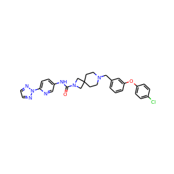 O=C(Nc1ccc(-n2nccn2)nc1)N1CC2(CCN(Cc3cccc(Oc4ccc(Cl)cc4)c3)CC2)C1 ZINC000103263319