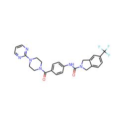 O=C(Nc1ccc(C(=O)N2CCN(c3ncccn3)CC2)cc1)N1Cc2ccc(C(F)(F)F)cc2C1 ZINC000166607548