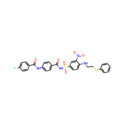 O=C(Nc1ccc(C(=O)NS(=O)(=O)c2ccc(NCCSc3ccccc3)c([N+](=O)[O-])c2)cc1)c1ccc(F)cc1 ZINC000073240528