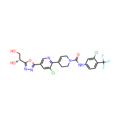 O=C(Nc1ccc(C(F)(F)F)c(Cl)c1)N1CC=C(c2ncc(-c3nnc([C@H](O)CO)o3)cc2Cl)CC1 ZINC000205062573