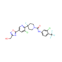 O=C(Nc1ccc(C(F)(F)F)c(Cl)c1)N1CCC(F)(c2ncc(-c3nc(CO)no3)cc2Cl)CC1 ZINC000225345742