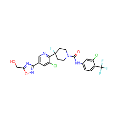 O=C(Nc1ccc(C(F)(F)F)c(Cl)c1)N1CCC(F)(c2ncc(-c3noc(CO)n3)cc2Cl)CC1 ZINC000225345688