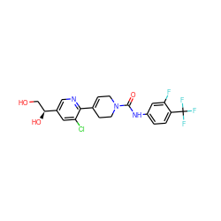 O=C(Nc1ccc(C(F)(F)F)c(F)c1)N1CC=C(c2ncc([C@@H](O)CO)cc2Cl)CC1 ZINC000141071640