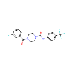 O=C(Nc1ccc(C(F)(F)F)cc1)N1CCN(C(=O)c2cccc(F)c2)CC1 ZINC000123259536