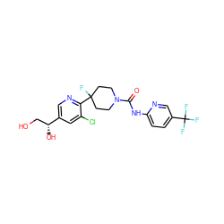 O=C(Nc1ccc(C(F)(F)F)cn1)N1CCC(F)(c2ncc([C@H](O)CO)cc2Cl)CC1 ZINC000138793374