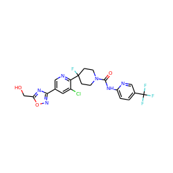 O=C(Nc1ccc(C(F)(F)F)cn1)N1CCC(F)(c2ncc(-c3noc(CO)n3)cc2Cl)CC1 ZINC000149675428