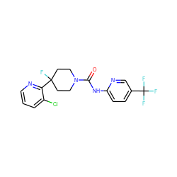 O=C(Nc1ccc(C(F)(F)F)cn1)N1CCC(F)(c2ncccc2Cl)CC1 ZINC000141075148