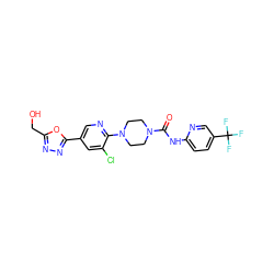 O=C(Nc1ccc(C(F)(F)F)cn1)N1CCN(c2ncc(-c3nnc(CO)o3)cc2Cl)CC1 ZINC000149603227