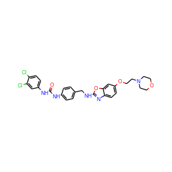 O=C(Nc1ccc(CNc2nc3ccc(OCCN4CCOCC4)cc3o2)cc1)Nc1ccc(Cl)c(Cl)c1 ZINC000653826069