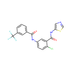 O=C(Nc1ccc(Cl)c(C(=O)Nc2cncs2)c1)c1cccc(C(F)(F)F)c1 ZINC000040873042