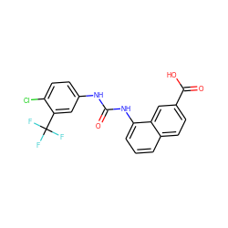 O=C(Nc1ccc(Cl)c(C(F)(F)F)c1)Nc1cccc2ccc(C(=O)O)cc12 ZINC000084618250