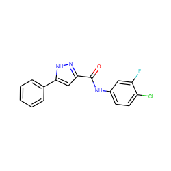 O=C(Nc1ccc(Cl)c(F)c1)c1cc(-c2ccccc2)[nH]n1 ZINC000299838553