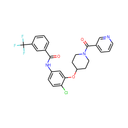 O=C(Nc1ccc(Cl)c(OC2CCN(C(=O)c3cccnc3)CC2)c1)c1cccc(C(F)(F)F)c1 ZINC000653825928