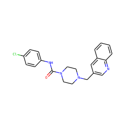 O=C(Nc1ccc(Cl)cc1)N1CCN(Cc2cnc3ccccc3c2)CC1 ZINC000038279351