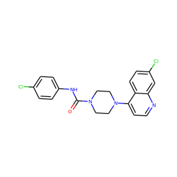 O=C(Nc1ccc(Cl)cc1)N1CCN(c2ccnc3cc(Cl)ccc23)CC1 ZINC000072180539