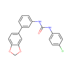 O=C(Nc1ccc(Cl)cc1)Nc1cccc(-c2ccc3c(c2)OCO3)c1 ZINC001772642687