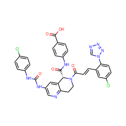 O=C(Nc1ccc(Cl)cc1)Nc1cnc2c(c1)[C@H](C(=O)Nc1ccc(C(=O)O)cc1)N(C(=O)/C=C/c1cc(Cl)ccc1-n1cnnn1)CC2 ZINC000261101133