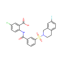 O=C(Nc1ccc(Cl)cc1C(=O)O)c1cccc(S(=O)(=O)N2CCc3ccc(F)cc3C2)c1 ZINC000040976332