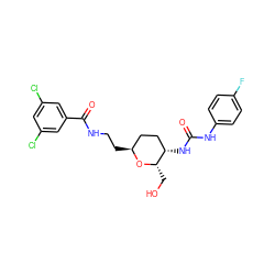 O=C(Nc1ccc(F)cc1)N[C@H]1CC[C@H](CCNC(=O)c2cc(Cl)cc(Cl)c2)O[C@H]1CO ZINC000095598731