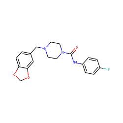 O=C(Nc1ccc(F)cc1)N1CCN(Cc2ccc3c(c2)OCO3)CC1 ZINC000019335502