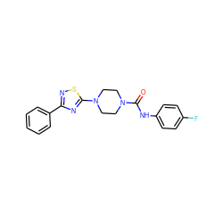 O=C(Nc1ccc(F)cc1)N1CCN(c2nc(-c3ccccc3)ns2)CC1 ZINC000034841711